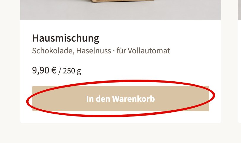 Produktkarte mit hellem Knopf „In den Warenkorb“ in weißer Schrift auf Beige, rot eingekringelt.