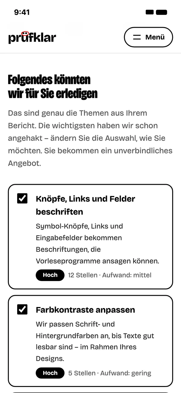 Bericht-Seite am Handy mit Themen zum Anhaken.