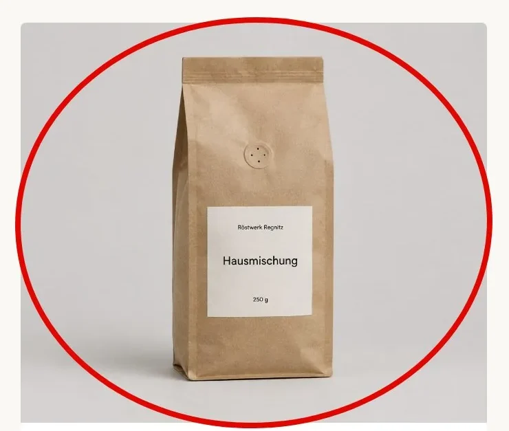 Produktfoto eines Kaffeebeutels ohne Bildbeschreibung, rot eingekringelt.