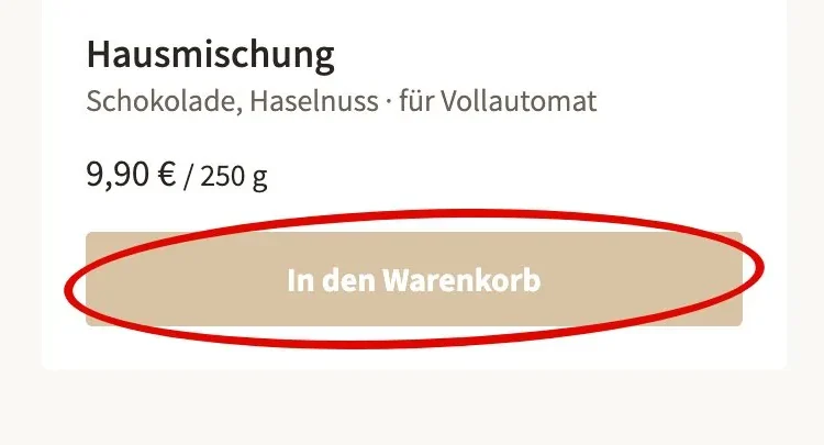 Produktkarte mit hellem Knopf „In den Warenkorb“: weiße Schrift auf Beige, rot eingekringelt.