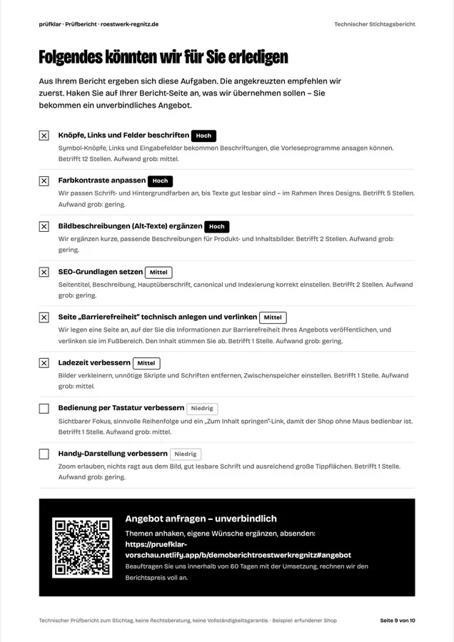Seite „Folgendes könnten wir für Sie erledigen“ mit Themen zum Anhaken und QR-Code für ein unverbindliches Angebot.