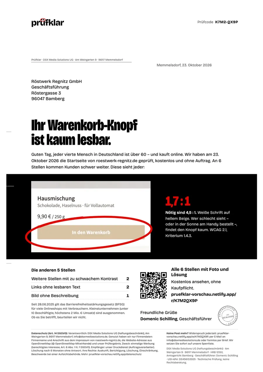 Beispiel-Brief: „Ihr Warenkorb-Knopf ist kaum lesbar“ mit rot eingekringeltem Bildschirmfoto, Messwert und QR-Code.