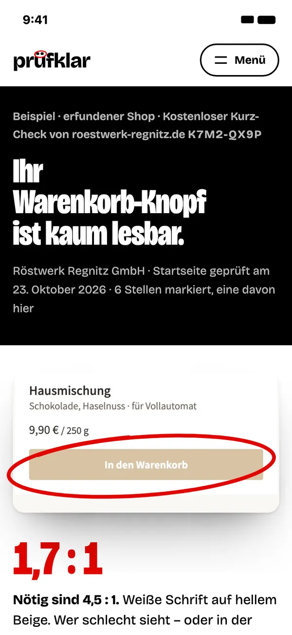 Ergebnis-Seite am Handy mit Bildschirmfoto, rotem Kringel und Messwert.