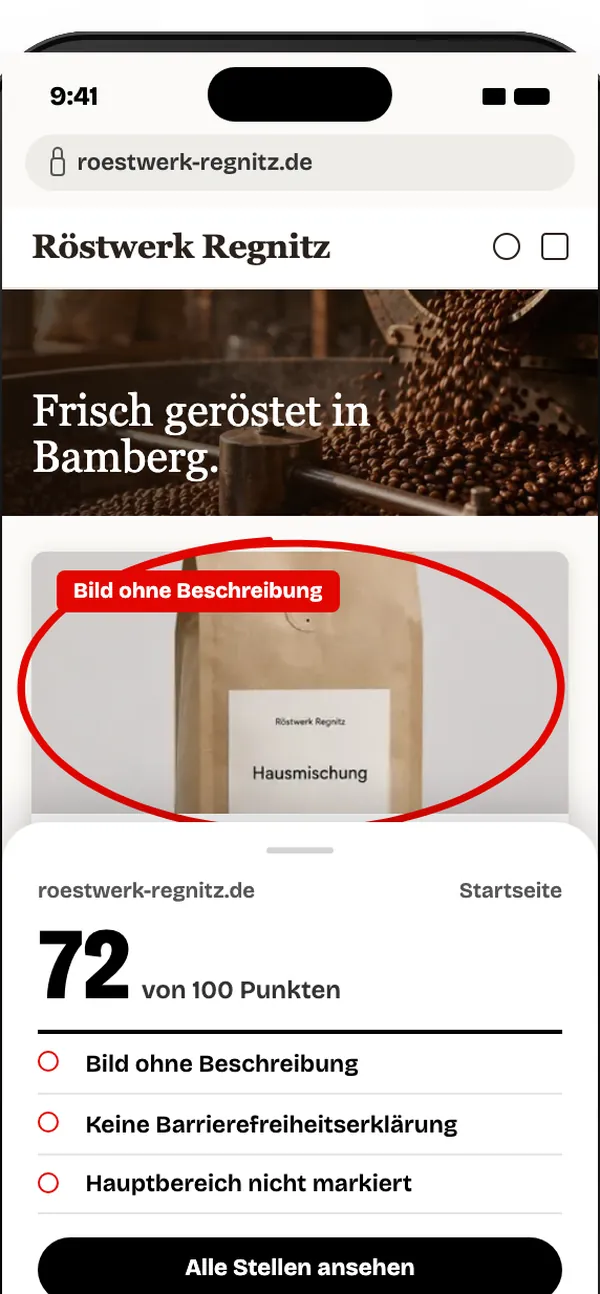 Schnelltest-Ergebnis am Handy: 72 von 100 Punkten und die drei wichtigsten Stellen.